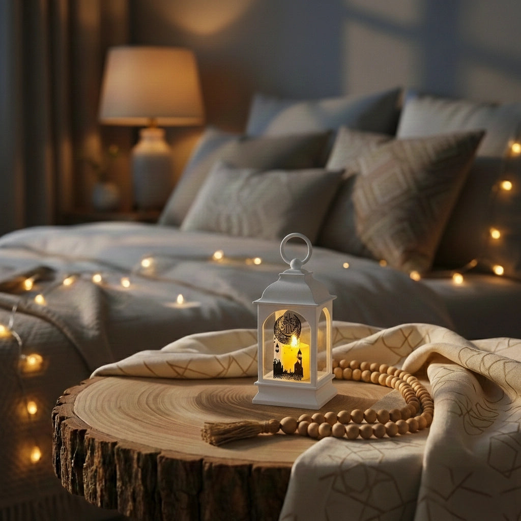 Lantern with Artificial Ramadan Candle - White