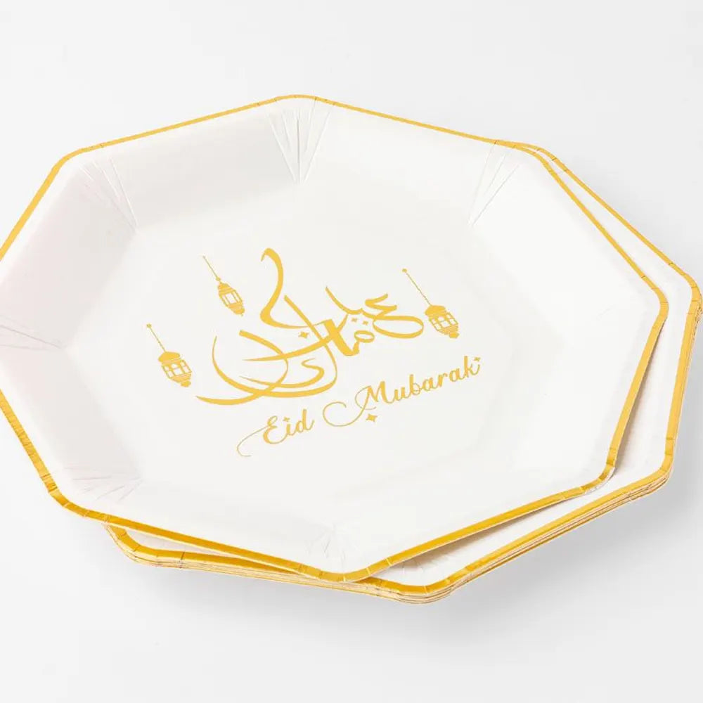 Set of 8 Eid Mubarak Paper Plates 23cm - Gold & White