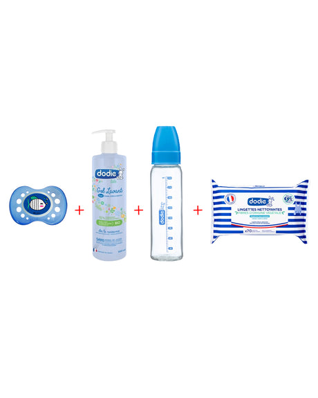 Offre Dodie: Lingette + Gel lavant + Biberon 240ml + Sucette 6m Bleu 