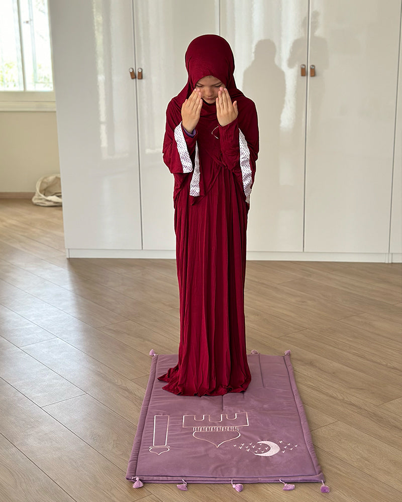 Robe Prière Hijab intégré Fille 10-12ans - Bordeau