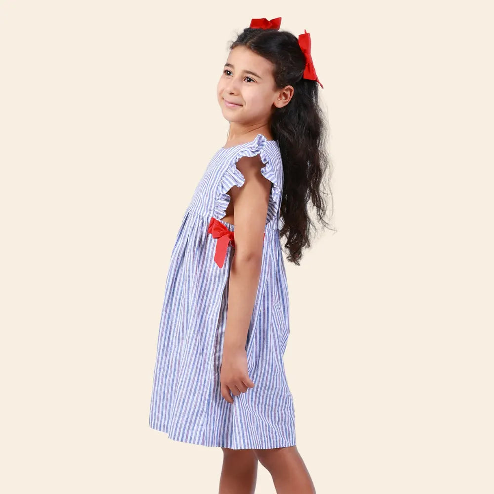 Vestido Loly de Rayas con Mariposas Rojas – Azul y Blanco