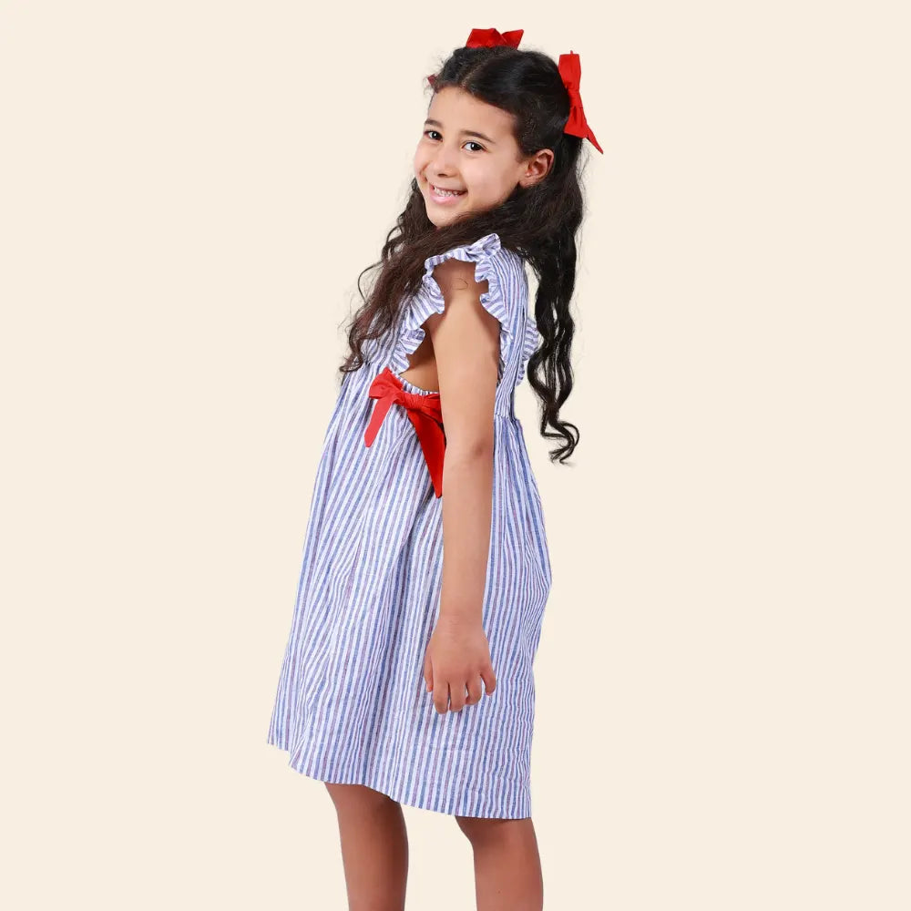 Vestido Loly de Rayas con Mariposas Rojas – Azul y Blanco