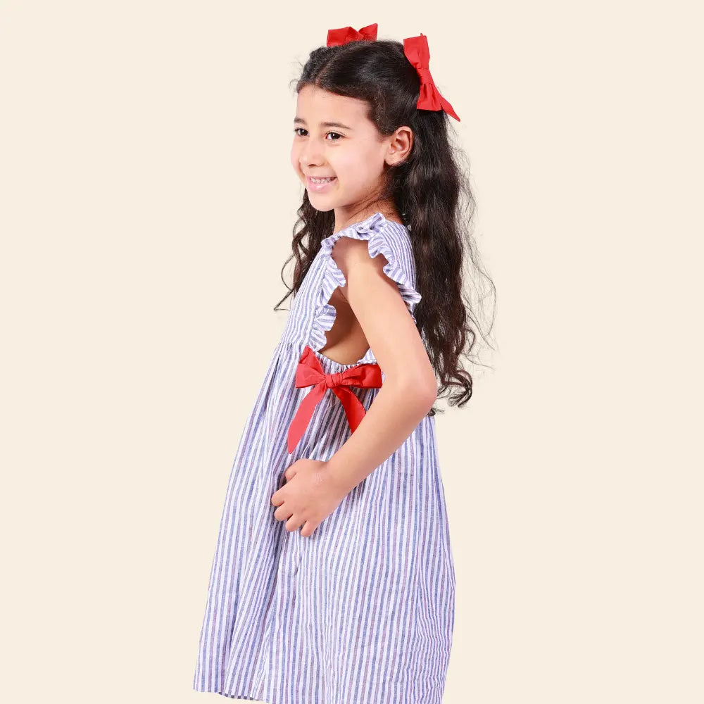 Vestido Loly de Rayas con Mariposas Rojas – Azul y Blanco