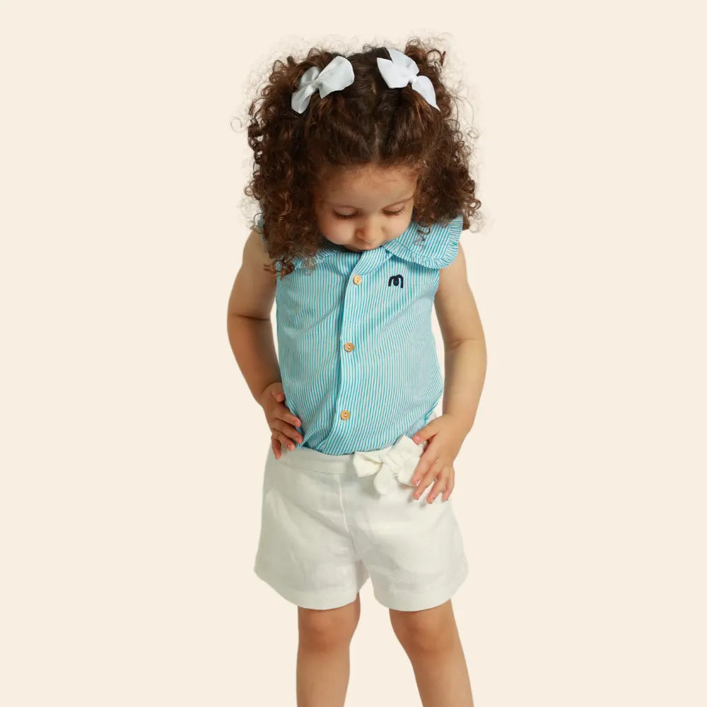 شورت لولي كتان مع ربطة عنق فراشة - أبيض