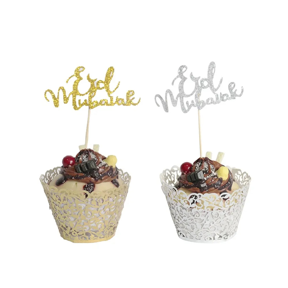 Lote de 8 Toppers y Cápsulas Artísticas para Cupcakes – Eid Mubarak