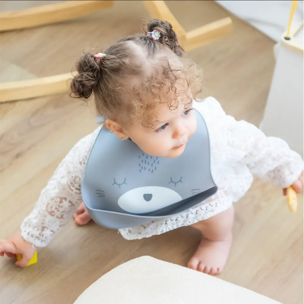 YUMMY Babero Gato de Silicona con Bolsillo 9M+ - Rosa Pastel