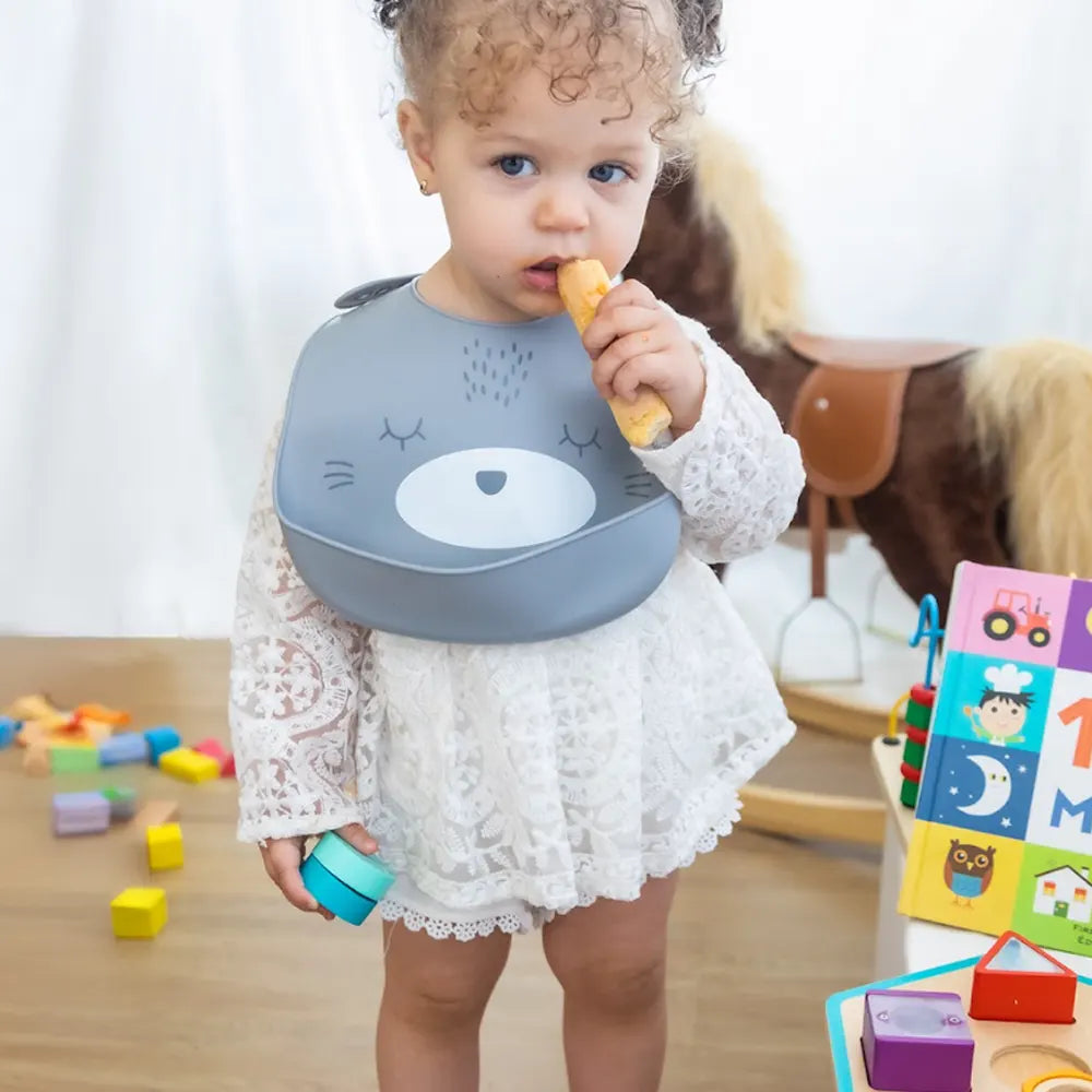 YUMMY Babero Gato de Silicona con Bolsillo 9M+ - Azul Cielo