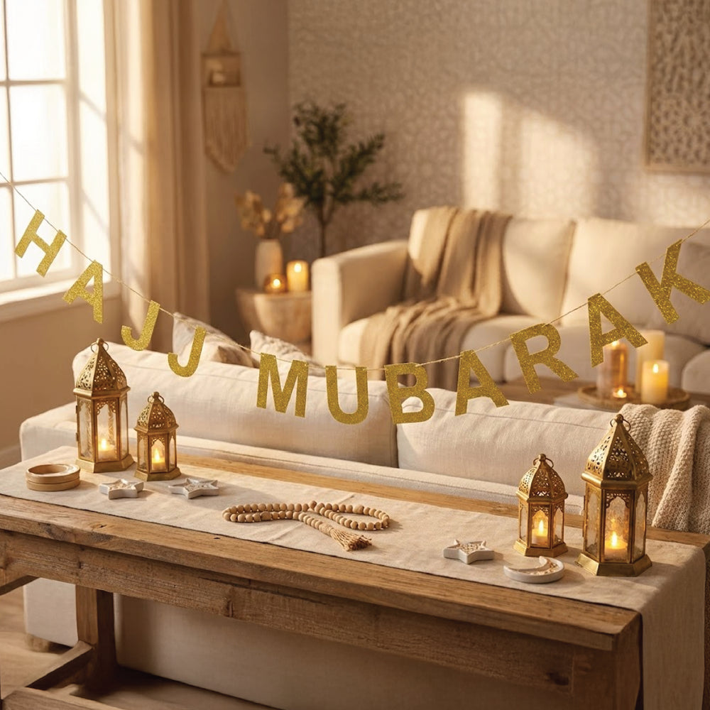 Bannière de Lettres Pailletées Hajj Mabrouk 3 Mètres - Dorées