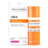 Bella Aurora Fluide Solaire Anti-Taches SPF 50+ Peaux Normales à Sèches 50 ml, flacon et boîte
