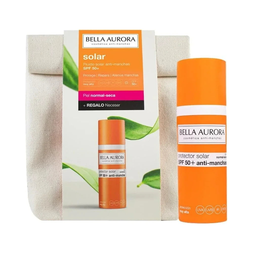 Coffret Bella Aurora Fluide Solaire Anti-Taches SPF 50+ Peaux Normales à Sèches 50 ml avec trousse offerte