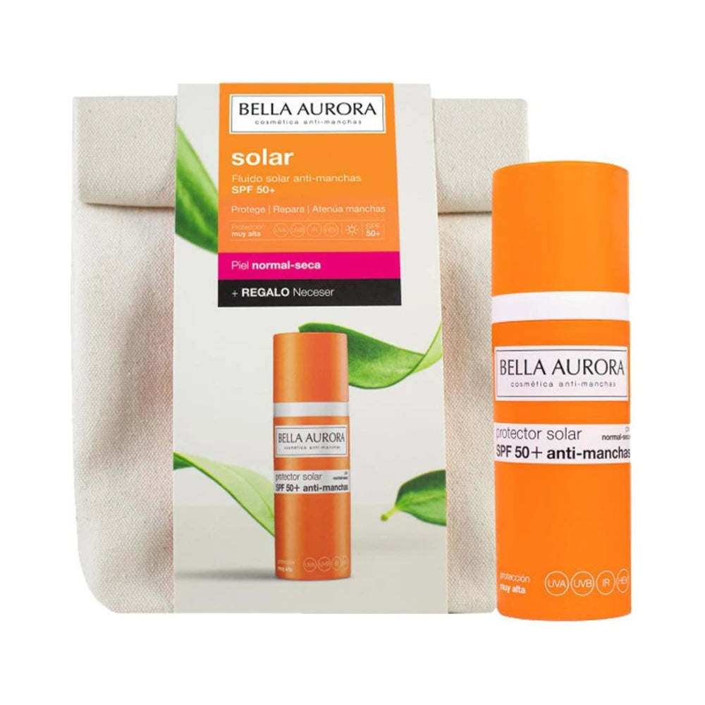 Coffret Bella Aurora Fluide Solaire Anti-Taches SPF 50+ Peaux Normales à Sèches 50 ml avec trousse offerte