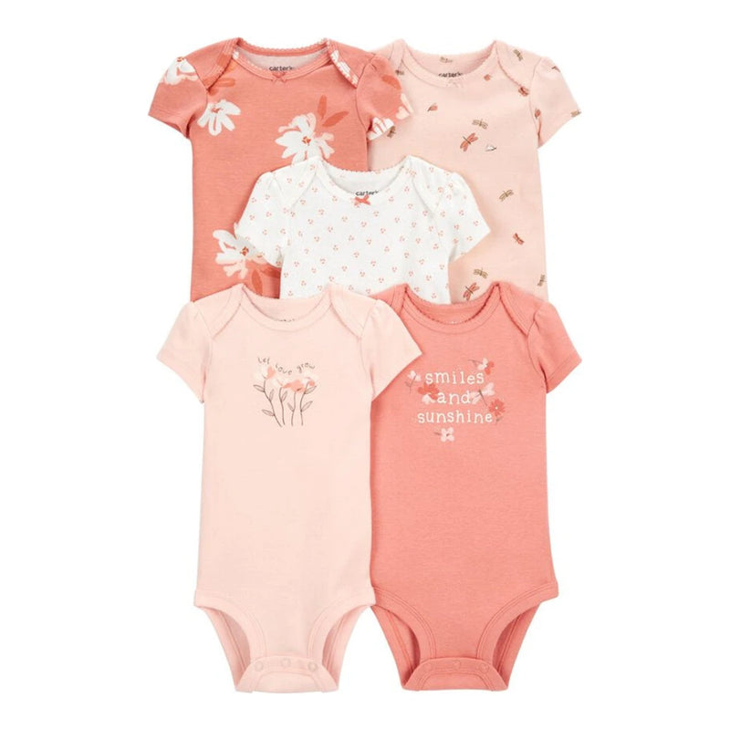 Paquete de 5 bodis de manga corta de Carter's - Rosa y blanco