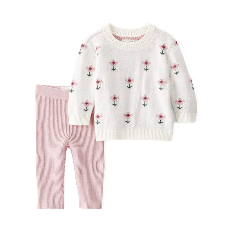Baby Girl Little Planet 2-Piece Organic Cotton Knit Sweater & Pants Set - Floral Pink