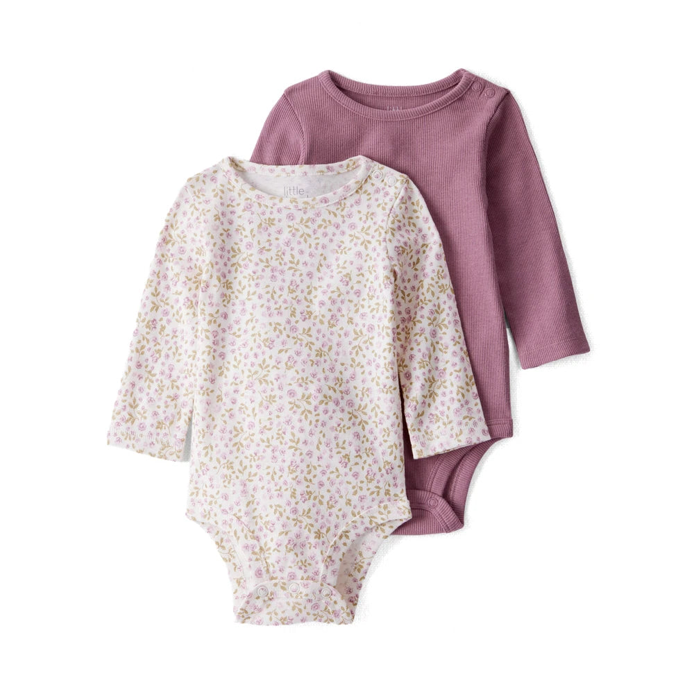 Lot de 2 Bodies à Manches Longues en Coton Bio Bébé Fille Little Planet - Fleurs Lilas