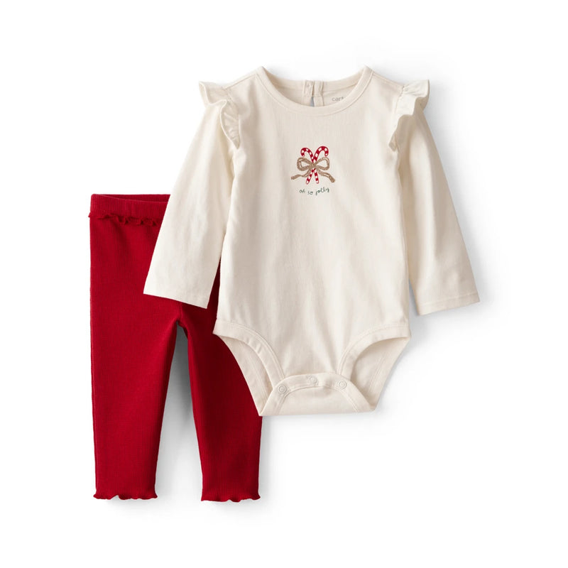 Baby Girl Carter's Ruffle Candy Cane Bodysuit & Pants Set - Cream & Red