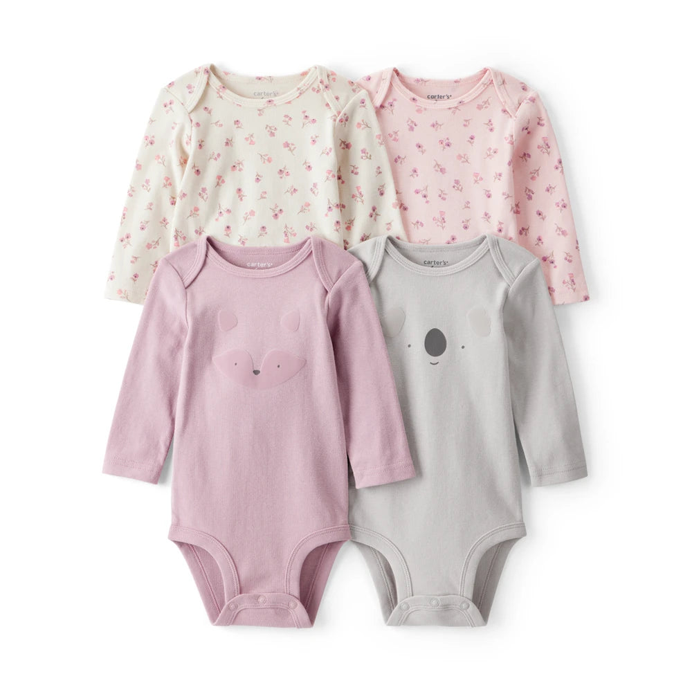 Lot de 4 Bodies à Manches Longues Renard & Koala Bébé Fille Carter's - Mauve Blanc & Rose