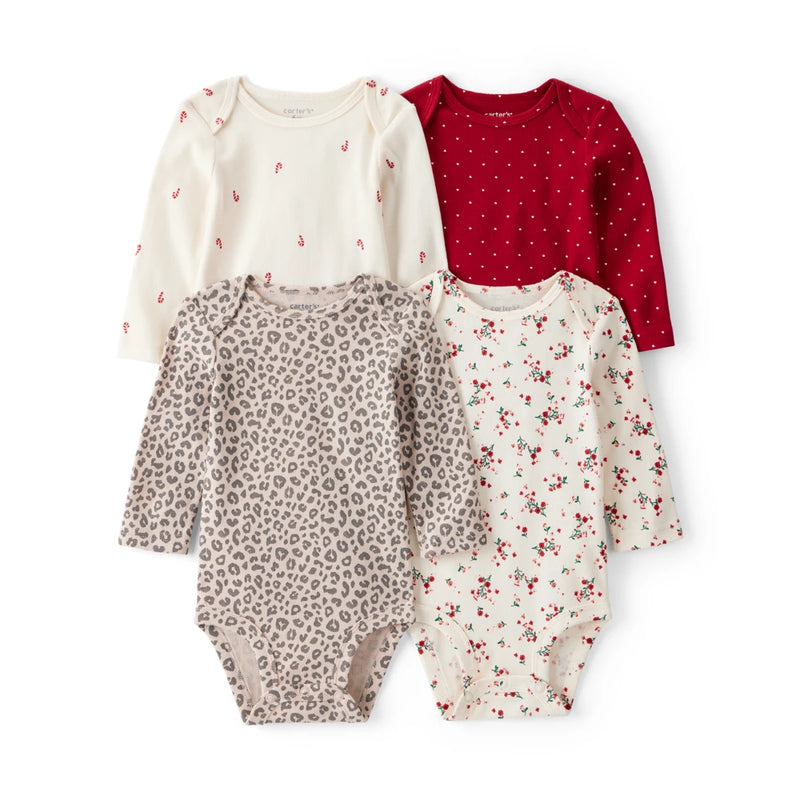 Lot de 4 Bodies à Manches Longues Léopard & Sucre d'Orge Bébé Fille Carter's - Rouge & Blanc