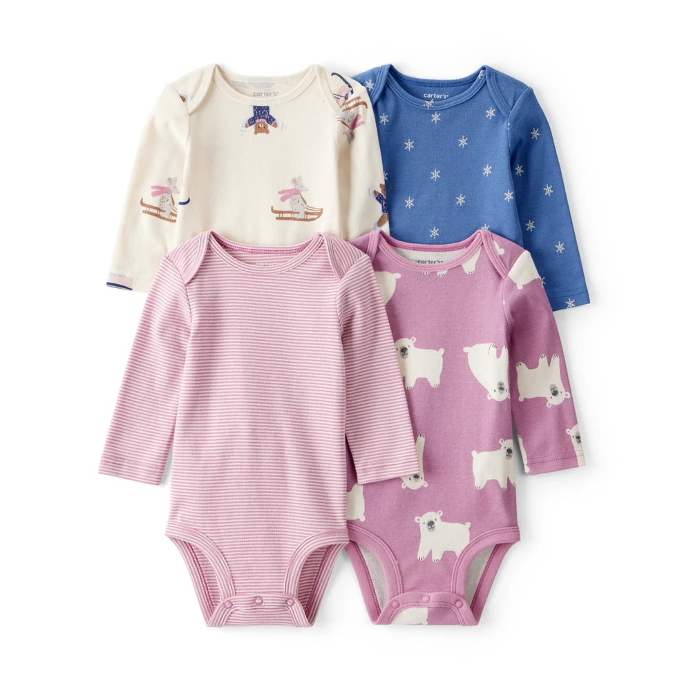 Lot de 4 Bodies à Manches Longues Ours Polaire au Ski Bébé Fille Carter's - Blanc Mauve & Bleu