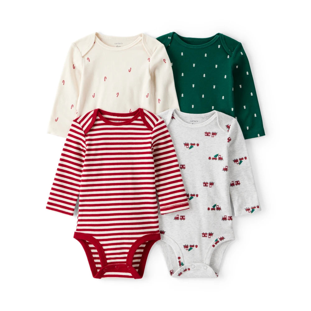 Lot de 4 Bodies à Manches Longues Motifs de Noël Bébé Garçon Carter's - Blanc & Vert