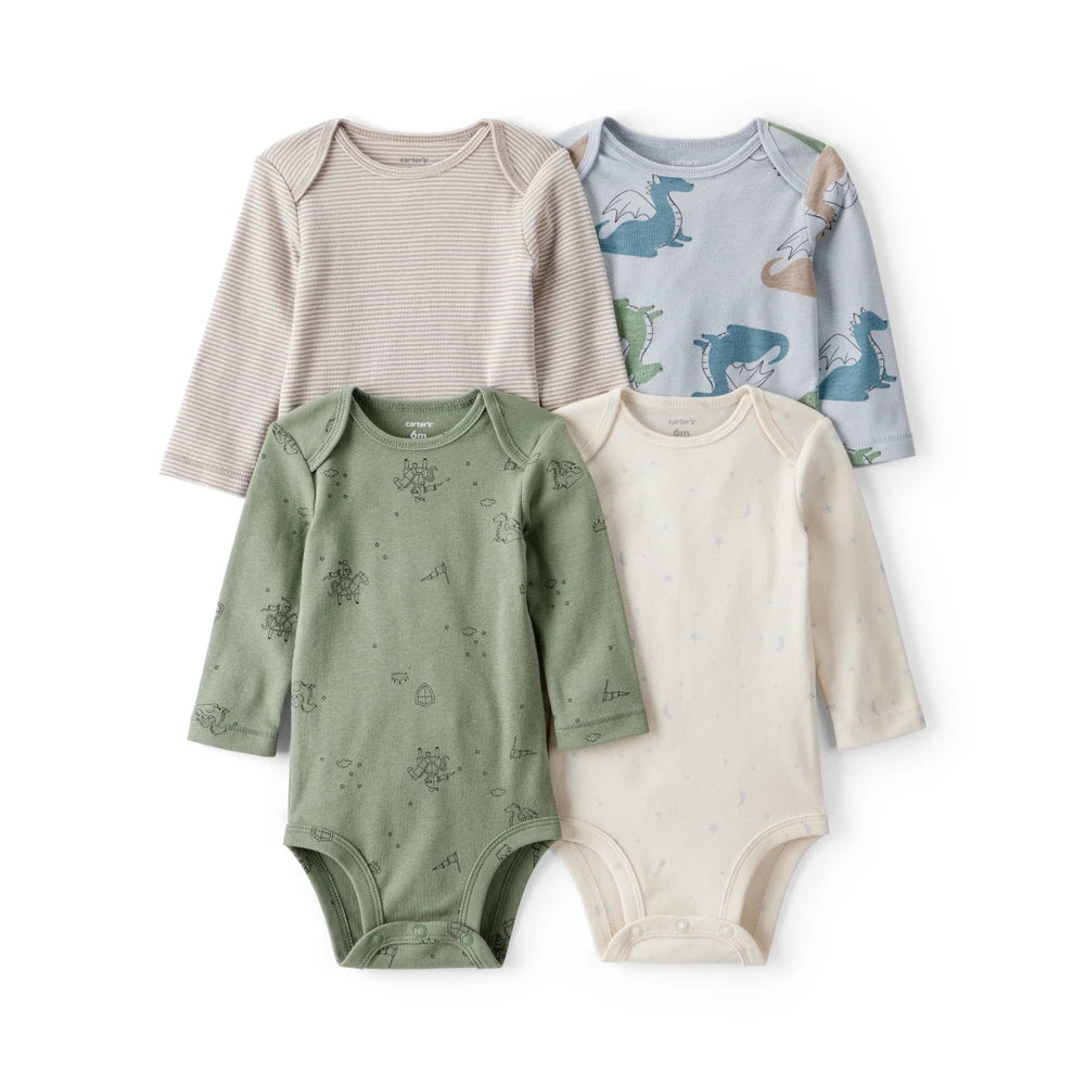 Lot de 4 Bodies à Manches Longues Dragons & Rayures Bébé Garçon Carter's - Bleu Blanc & Vert