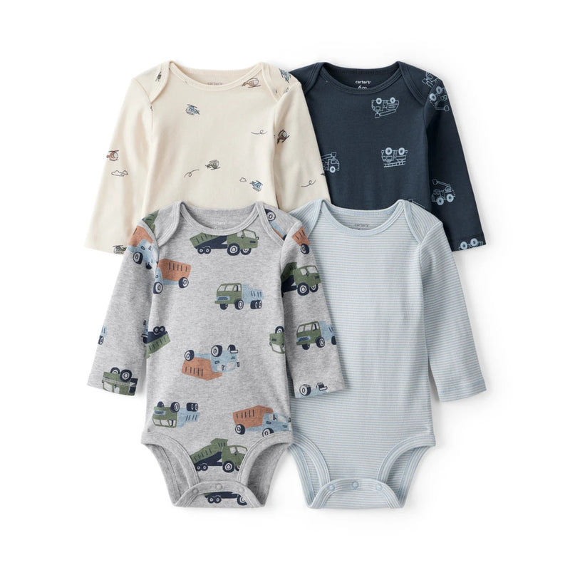 Lot de 4 Bodies à Manches Longues Chantier & Rayures Bébé Garçon Carter's - Blanc & Marine