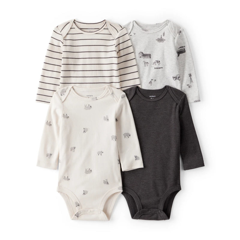 Lot de 4 Bodies à Manches Longues Moutons & Rayures Bébé Garçon Carter's - Blanc