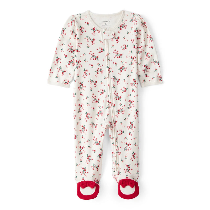 Baby Girl Carter's Cotton Ditsy Floral & Bow Sleep & Play - White & Red