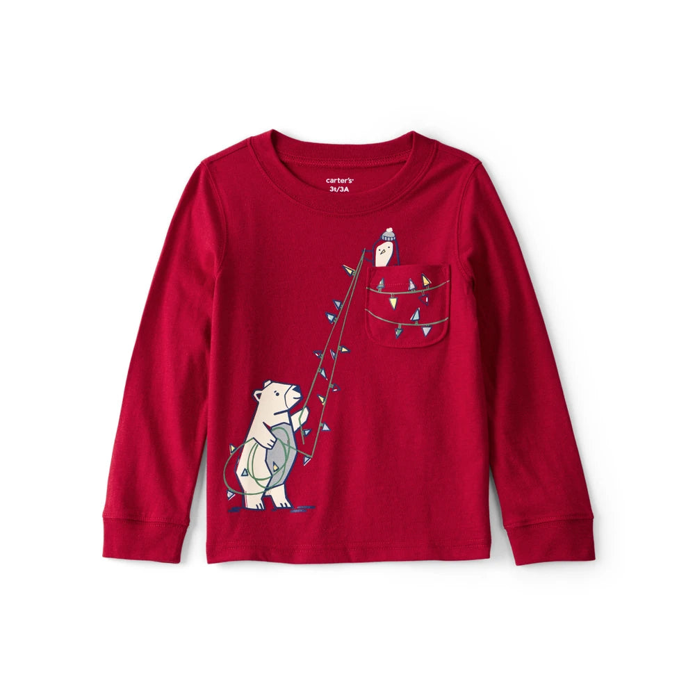 T-shirt à Manches Longues Ours Polaire des Fêtes Garçon Carter's - Rouge