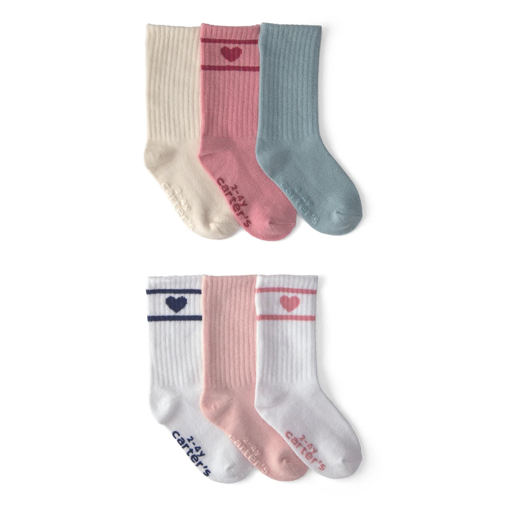 Lot de 6 Paires de Chaussettes Mi-Mollet Cœurs & Rayures Fille Carter's - Multi