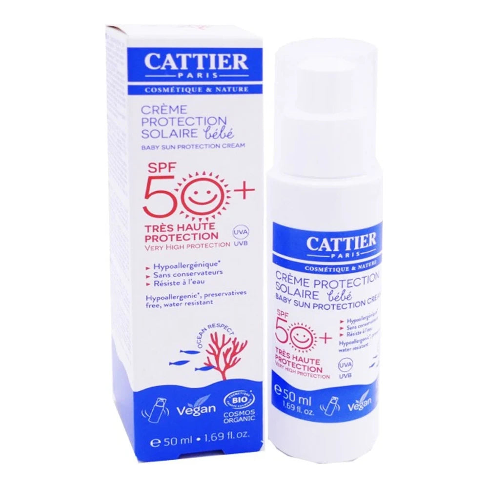 Cattier Crème Protection Solaire Bébé SPF50+ 50 ml, flacon et sa boîte
