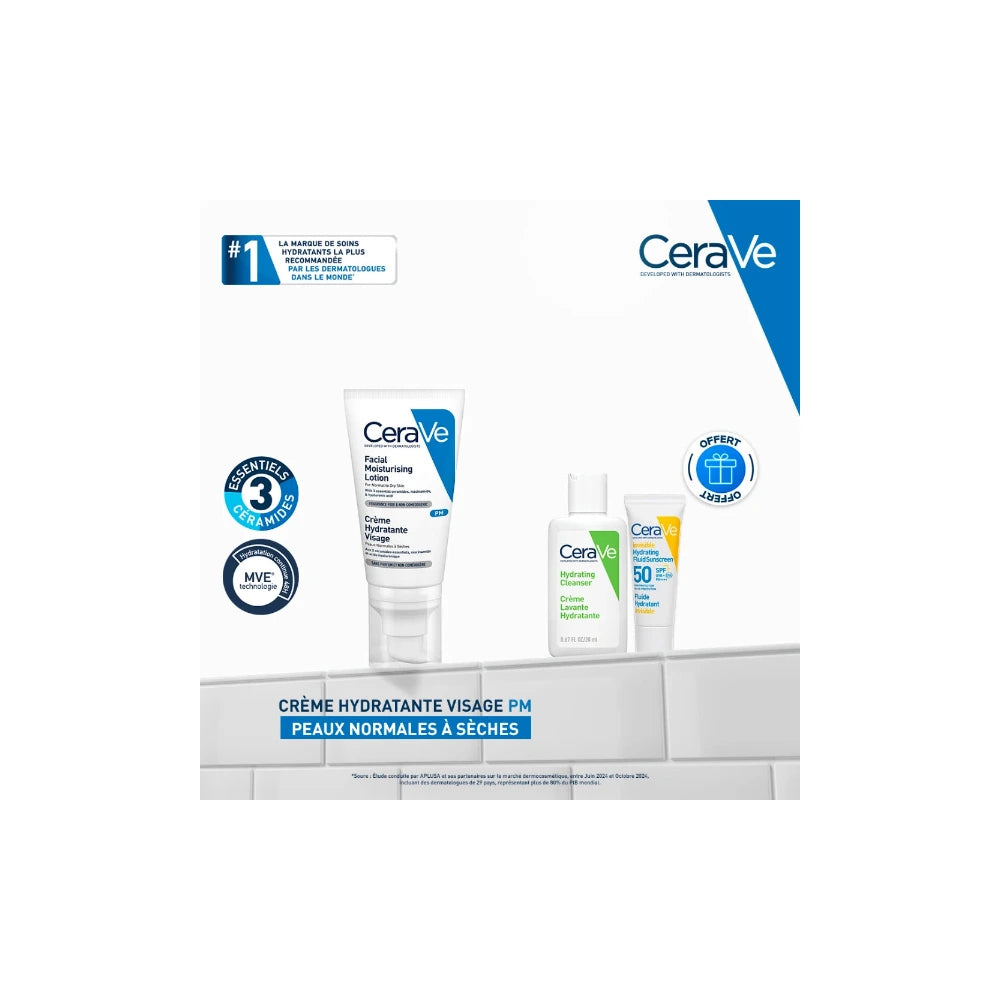 CeraVe Crème Hydratante Visage PM + Crème Lavante 20 ml & Fluide Hydratant SPF 50+ Mini OFFERTS