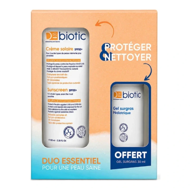 D-Biotic المجموعة الأساسية واقي شمس SPF50+ 75 مل + جل منظف غني بالدهون للأطفال 30 مل مجانًا