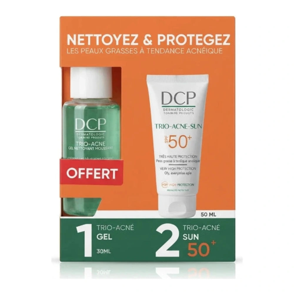 DCP Duo Peaux Grasses à Tendance Acnéique Écran Solaire Trio-Acné Sun SPF 50+ + Gel Nettoyant Moussant Trio-Acné 30 ml Offert