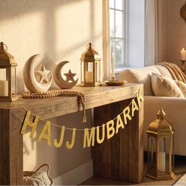 Bannière de Lettres Pailletées Hajj Mabrouk 3 Mètres - Dorées