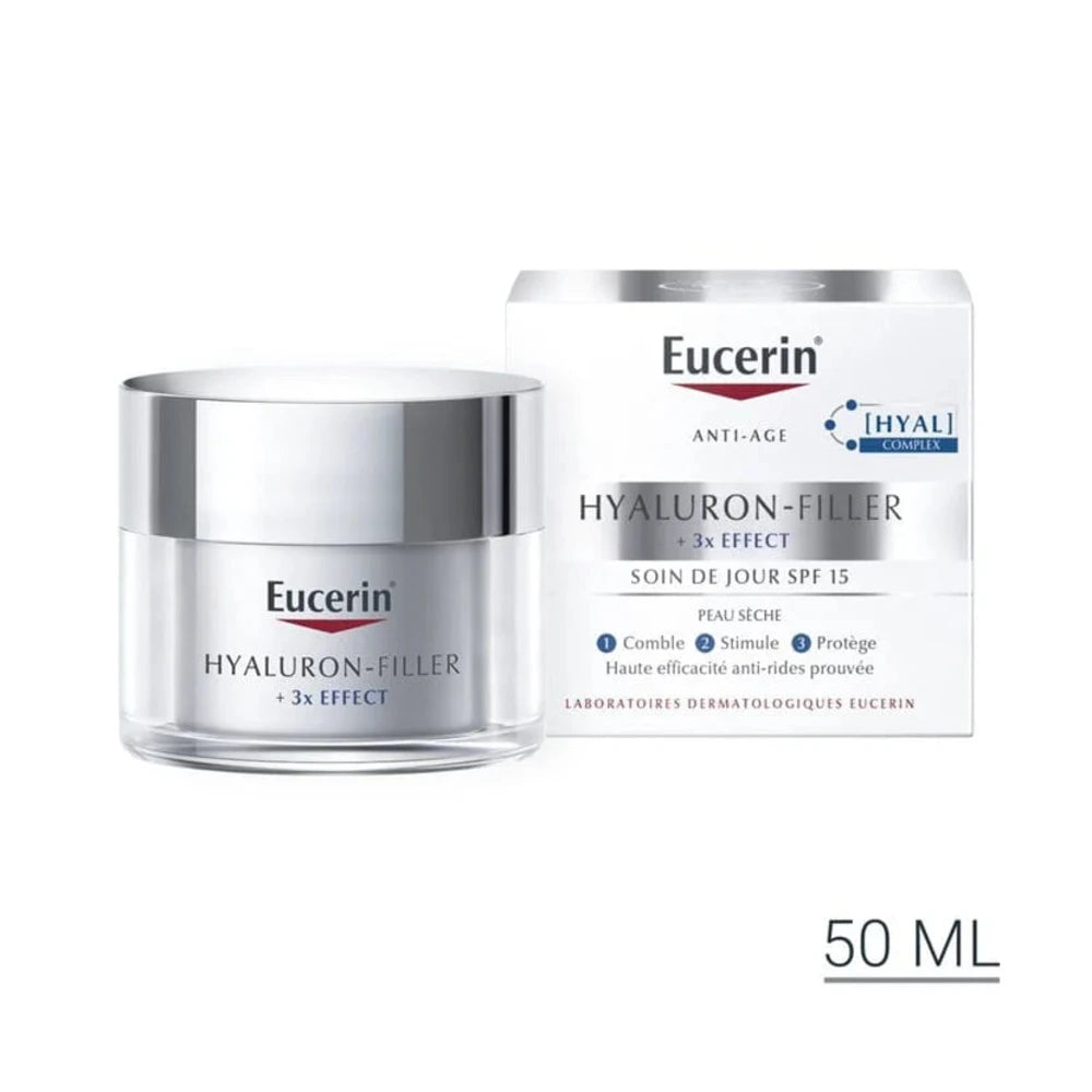 Eucerin Hyaluron-Filler + 3x Effect Soin de Jour Peau Sèche SPF 15 50 ml – pot