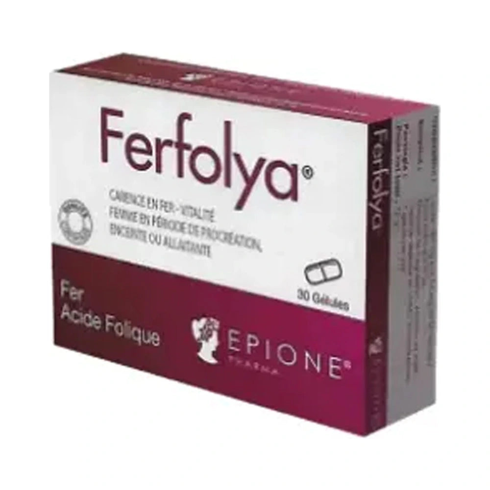 Complément alimentaire Epione Ferfolya fer et acide folique 30 gélules – boîte