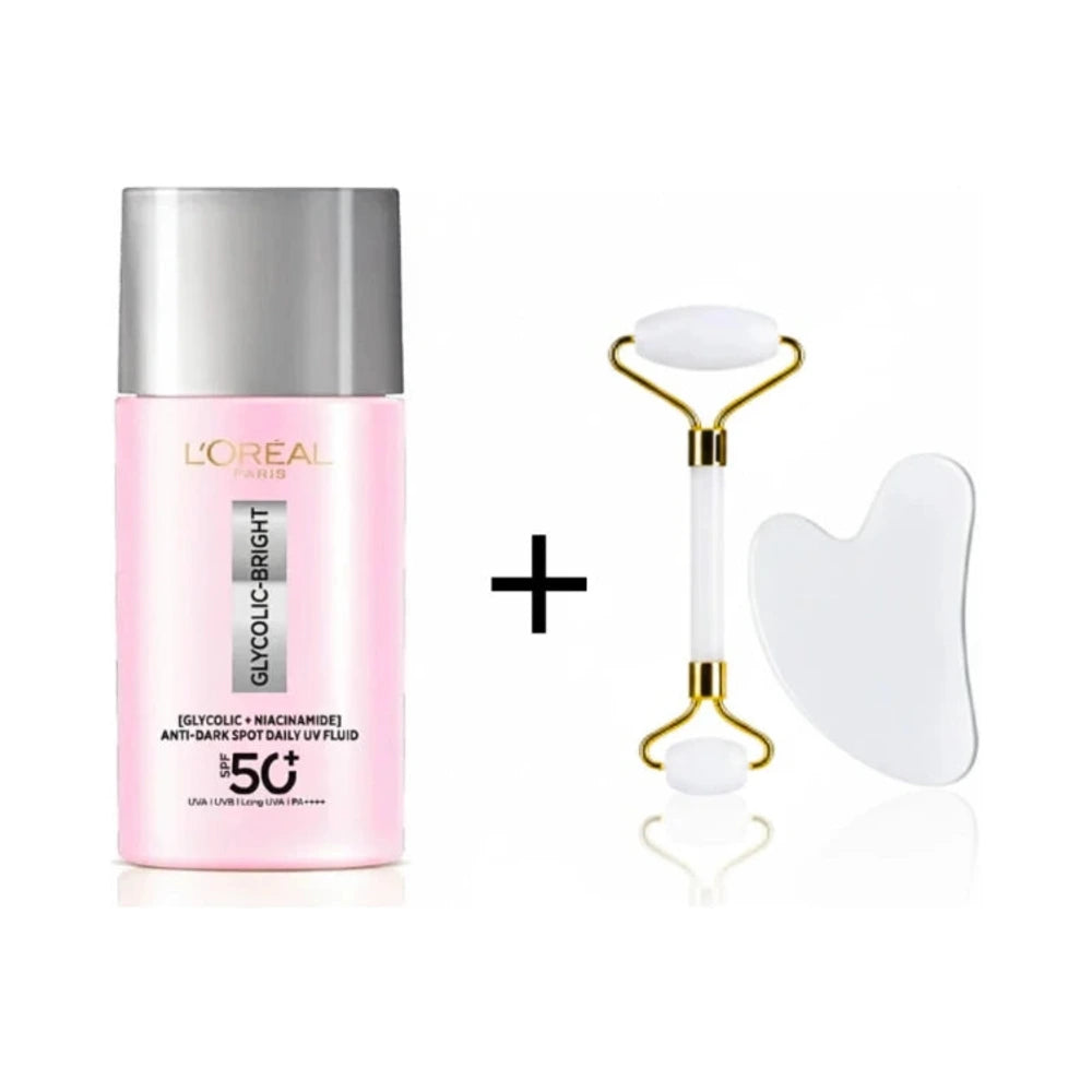 Pack L'Oréal Paris Glycolic Bright UV SPF50+ et coffret Gua Sha