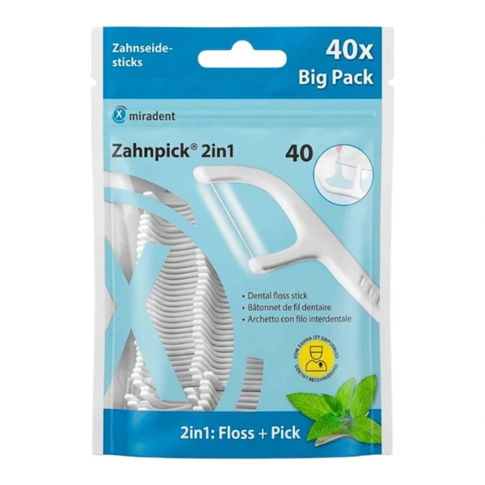 Miradent Zahnpick Bâtonnets Fil Dentaire & Cure-Dent 2 en 1 – 40 pièces