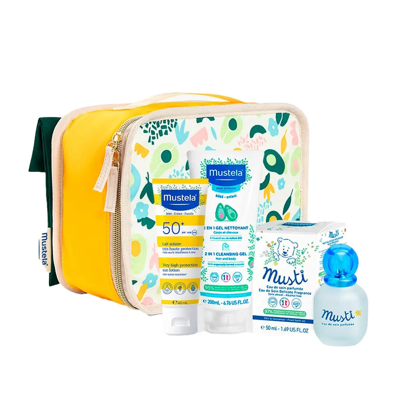 Mustela Pack 2-in-1 Cleansing Gel + SPF50 Sunscreen Lotion + Musti Soothing Water = Free Vanity Kit!