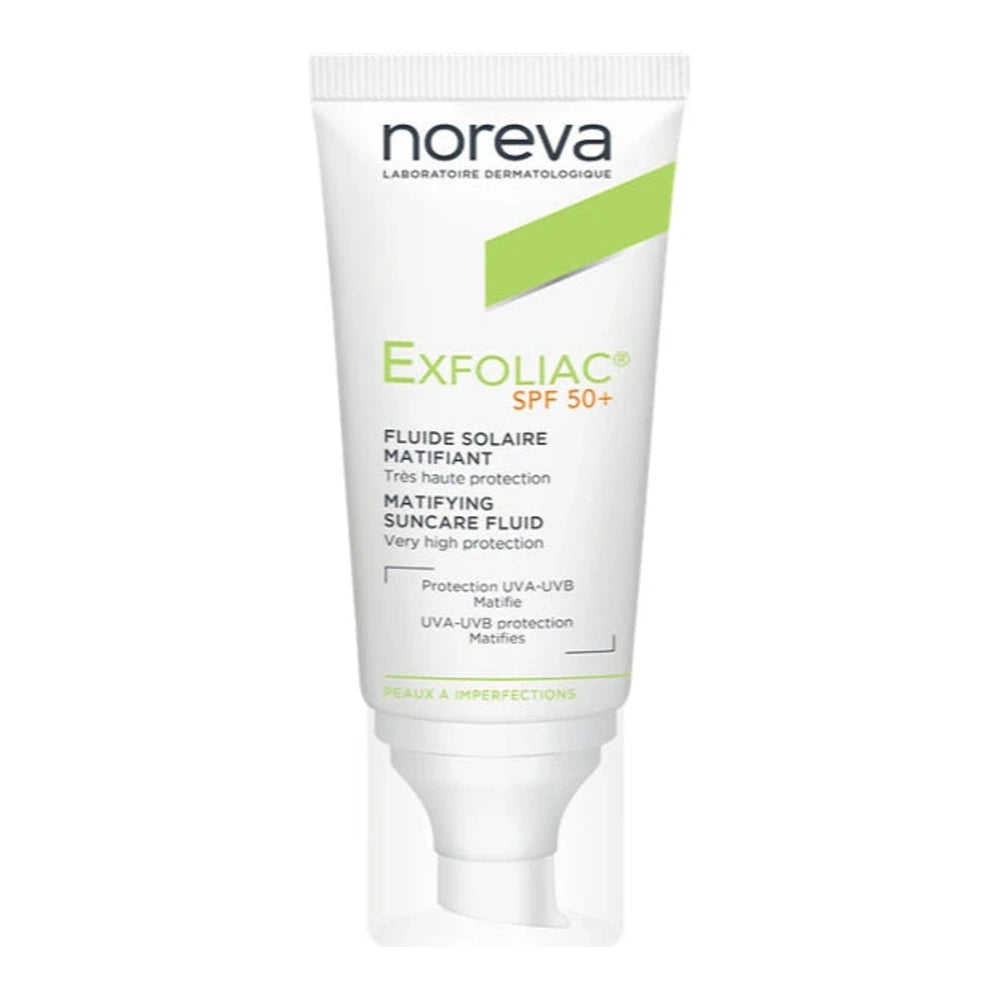 Tube Noreva Exfoliac fluide solaire matifiant SPF50+ 40 ml