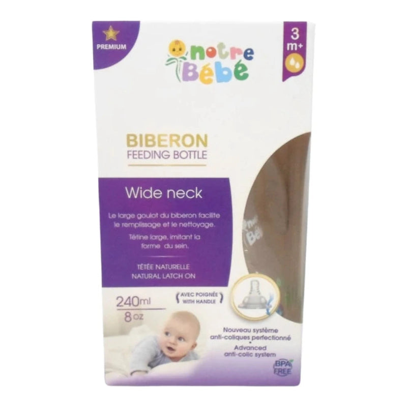 Notre Bébé رضاعة واسعة العنق بمقابض +3 أشهر 240 مل