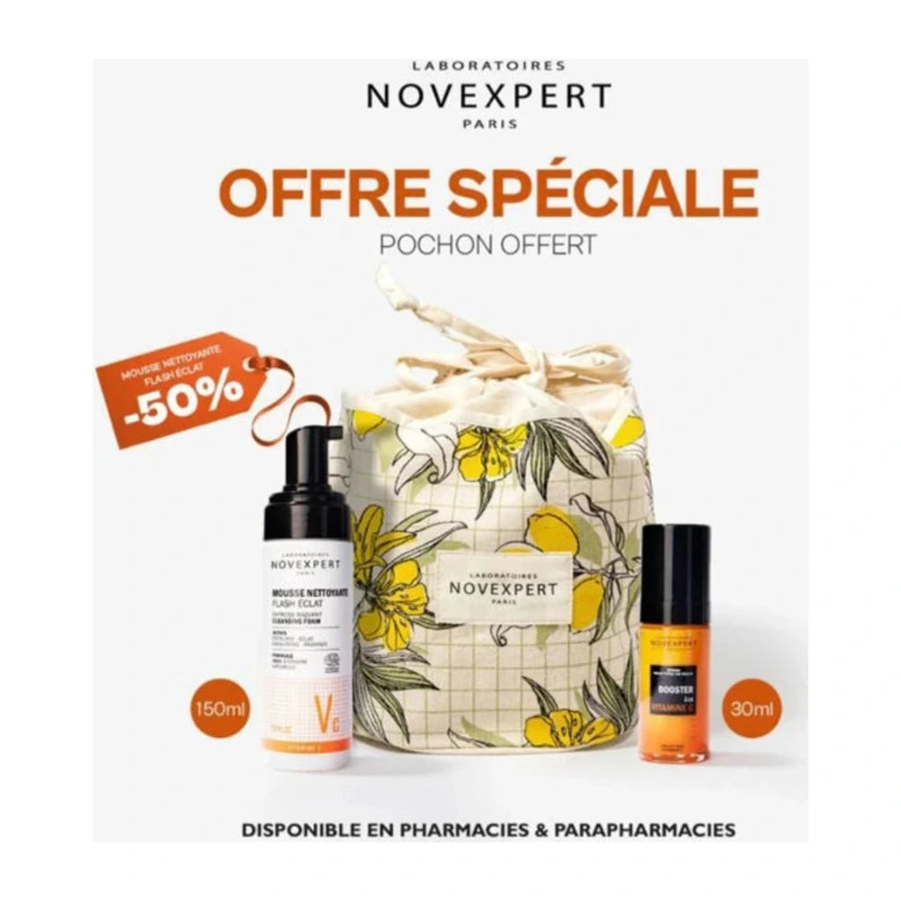 Novexpert Duo Booster Éclat – sérum vitamine C et mousse Flash Éclat, packshot du coffret