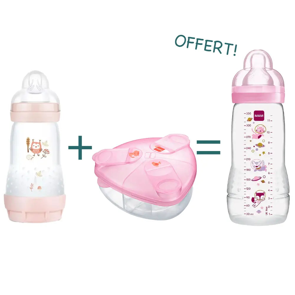 Offer: MAM Easy Start Anti-Colic Baby Bottle + Milk Powder Dispenser = Free MAM Easy Active Baby Bottle!