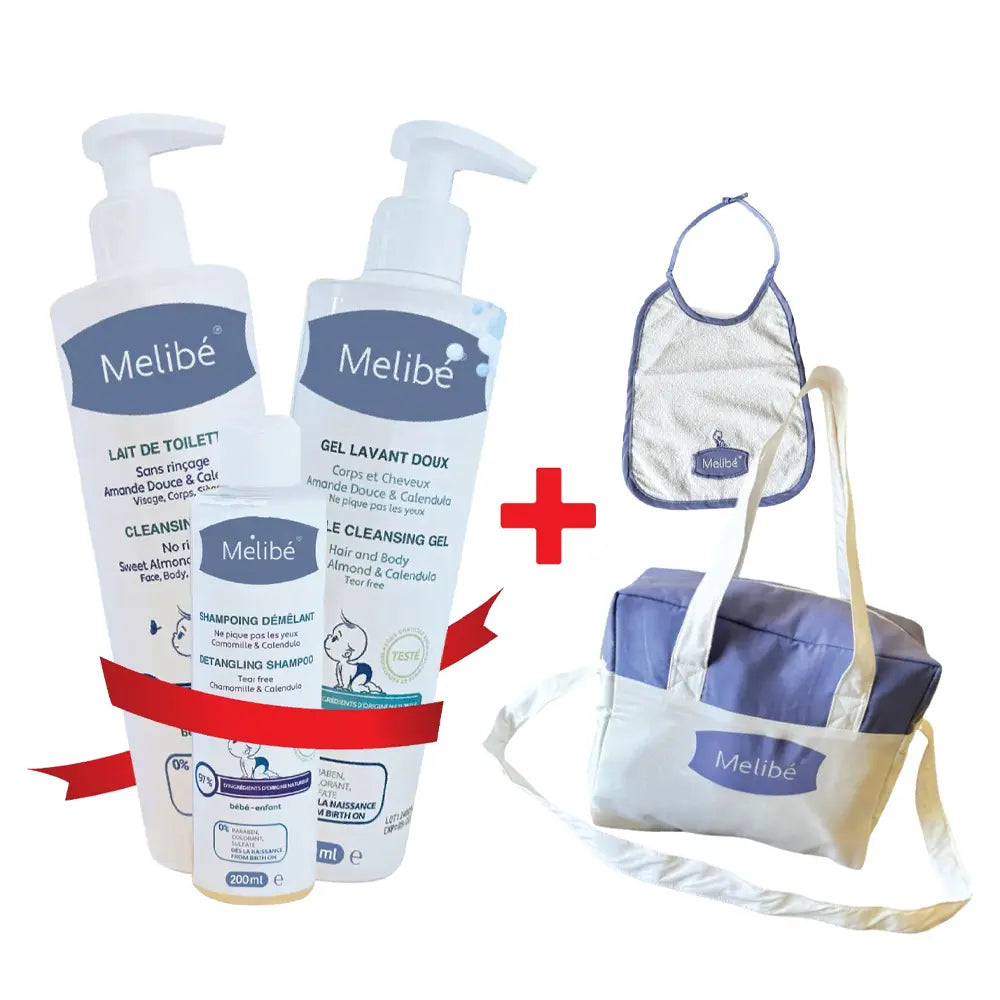 Offre: Melibé Gel Lavant Doux - 500ml+ Lait de Toilette - 500ml+ Shampoing Démêlant - 200ml= Un Bavoir + Un Sac Offert!