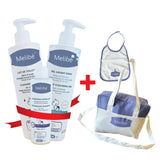 Offer: Melibé Gentle Cleansing Gel - 500ml + Cleansing Milk - 500ml + Detangling Shampoo - 200ml = A Bib + A Free Bag!