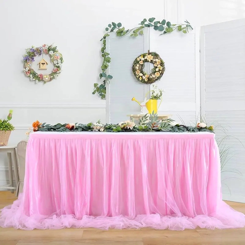 Faldón de mesa de tul 426x74 cm - Rosa