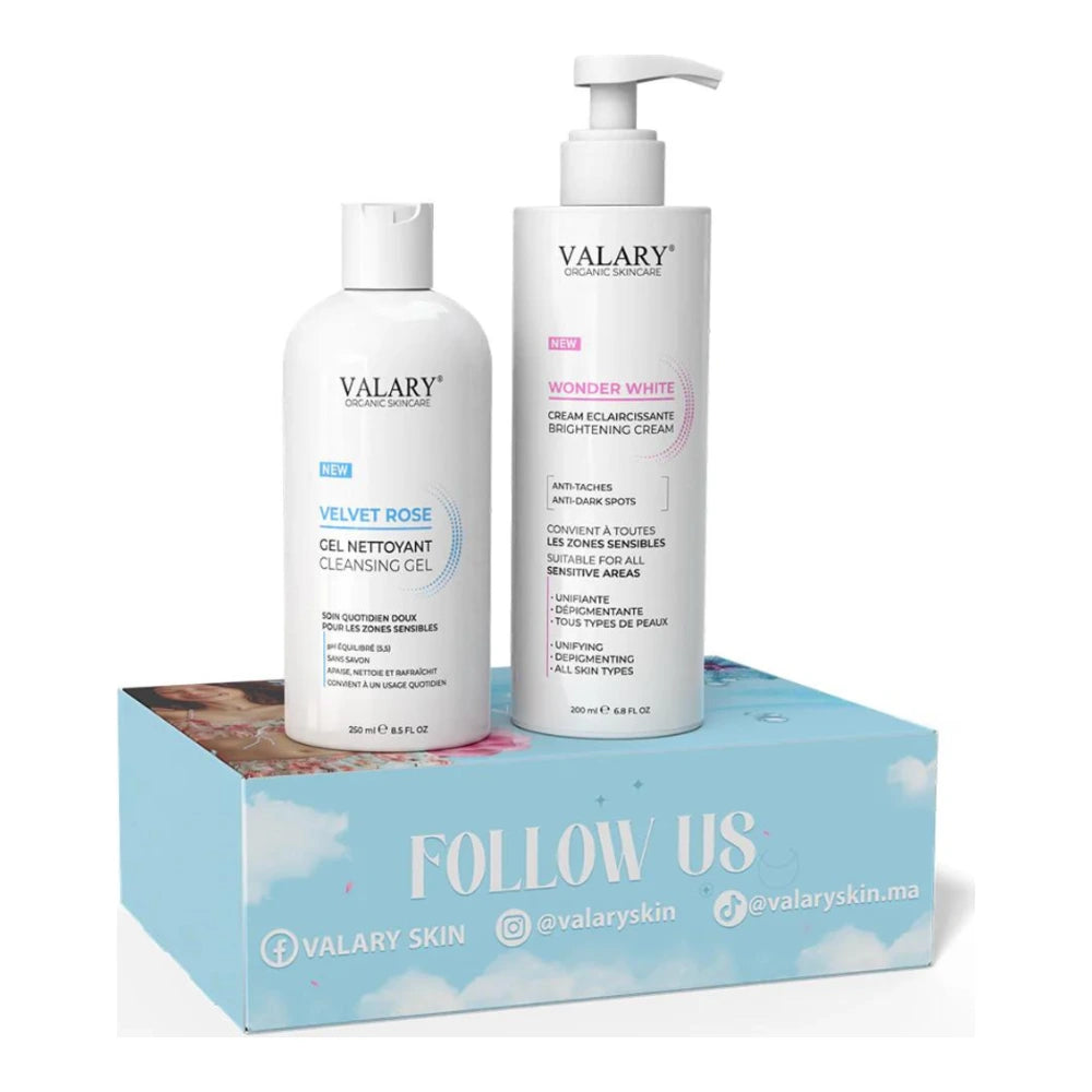 Pack Valary Éclaircissant : Crème Éclaircissante Wonder White 200 ml et Gel Nettoyant Velvet Rose 250 ml avec coffret