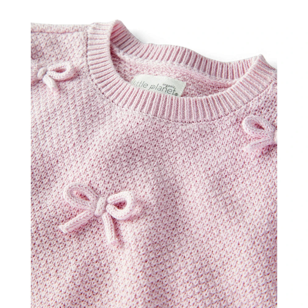 Ensemble 2 Pièces Pull en Tricot Coton Bio Nœuds Bébé Fille Little Planet - Rose