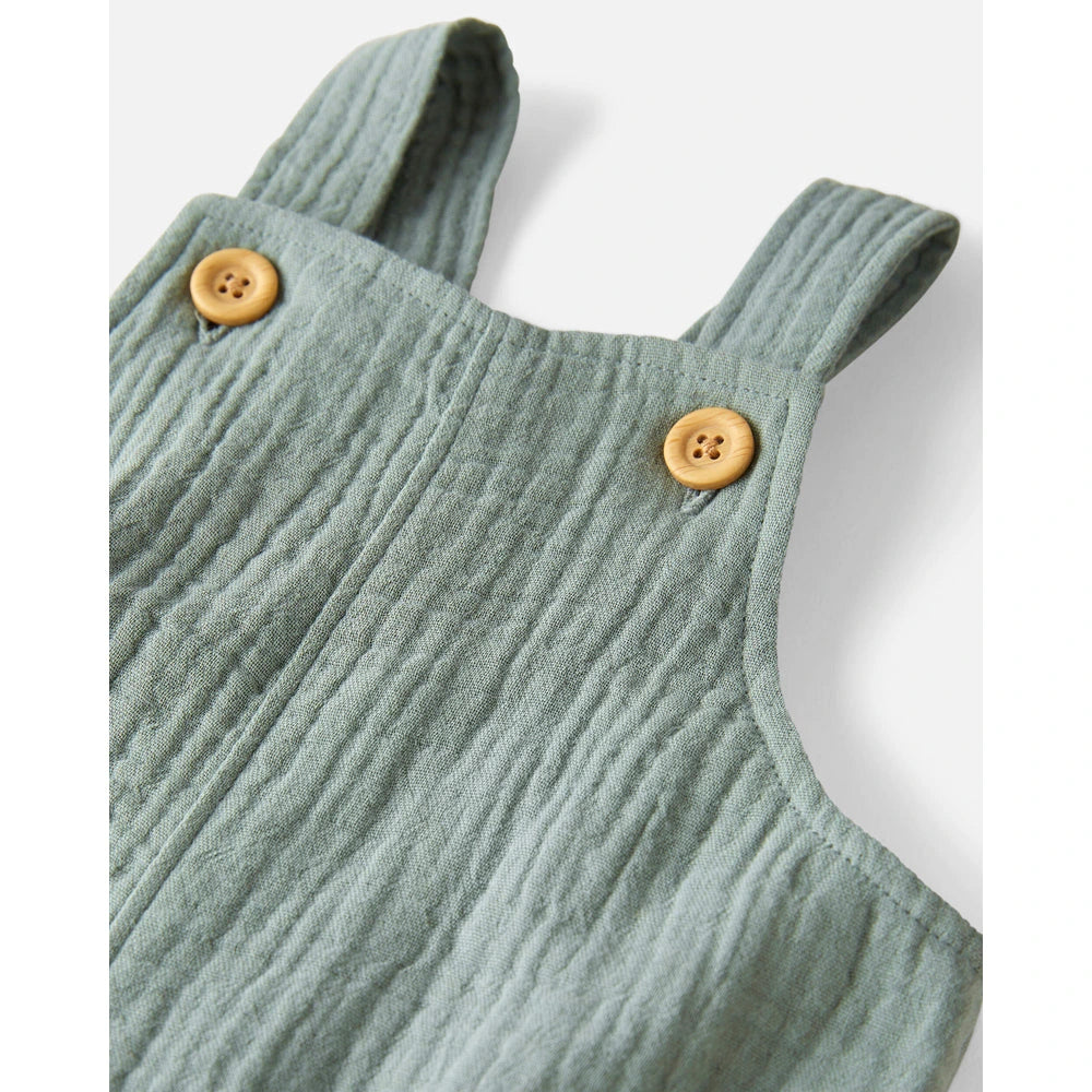 Salopette Short en Gaze de Coton Bio Bébé Little Planet - Vert Mousse