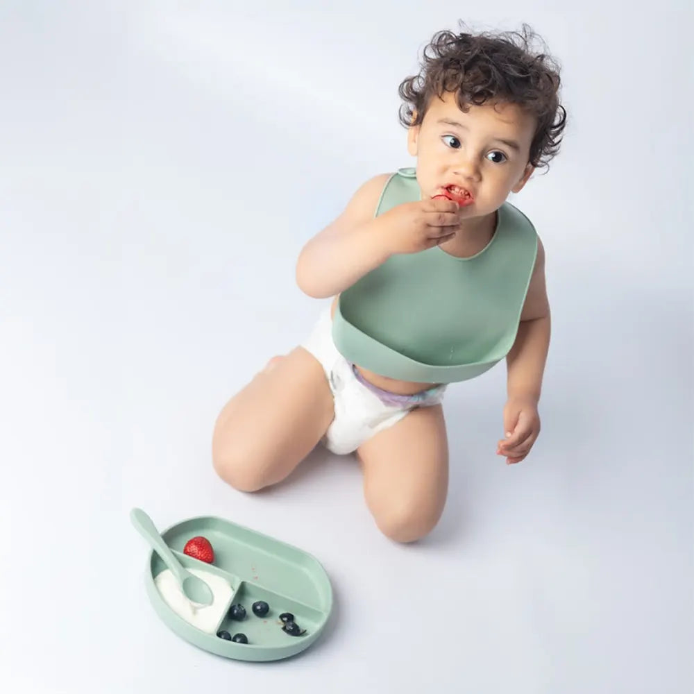 YUMMY Bavoir en Silicone avec Poche 4M+ - Bleu Ciel